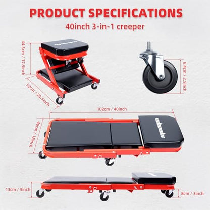 Mechanic Creeper 40inches 3-in-1 Z Seat 480lbs Capacity, Foldable Garage Chair Adjustable Rolling Folding with 6pcs Wheels Roller, Lay Down Sit Lean Back, Under Car Shop Auto Repair Man Gift - color: Red