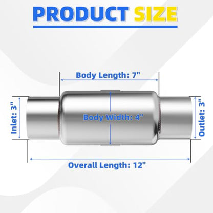 3" Inlet Exhaust Resonator, 3" Inlet/Outlet 12" Overall Length Exhaust Resonator Muffler, Straight Through Stainless Steel Muffler - size: 3" Inlet 12" Overall Length