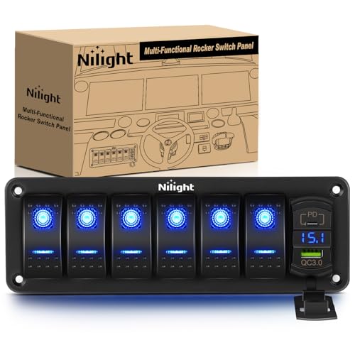 Nilight 6 Gang Rocker Switch Panel with PD Type C and USB Charger Voltmeter - color: Blue, size: 7 Gang Type C +USB