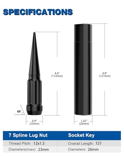 GAsupply 12x1.5 Spike Lug Nuts Spline Black, 4.4" Tall Conical Seat, 20pcs - color: Black, size: M12x1.5, style: 20 Pack - Spline