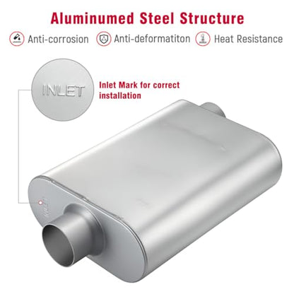 Upower 2.5" Dual Chamber Muffler, 17" Overall Length Performance Exhaust, Aggressive Deep Sound Aluminized Steel Universal Fit for Car Truck SUV (2.5" ID Inlet/Outlet)