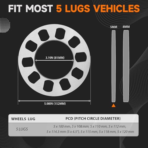 4 Pack Universal Wheel Spacers, 1/5" (5mm) Die Cast Replacement Wheel Spacer for 5 Lugs Wheels/Rims, Fits 100-120mm Multiple Bolts Pattern, 5x100, 5x108, 5x110, 5x112, 5x114.3, 5x115, 5x120 - size: 5mm-Pack of 4