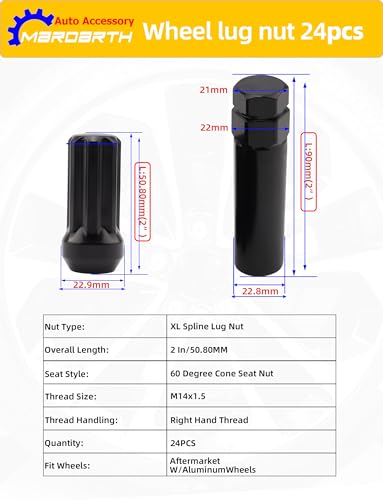 24+1 Black 7 Spline Lug Nuts M14x1.5 Closed End Conical Bulge Seat Hex 19mm - size: 14mm × 1.5, style: 24 Count