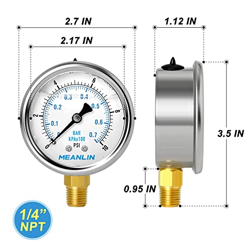 MEANLIN MEASURE 0~10Psi Stainless Steel 1/4" NPT 2.5" FACE DIAL,Liquid Filled Pressure Gauge,WOG Water Oil Air Lower Mount (Pack of 2), with 1/2" NPT and 3/8" NPT Hex Bushing - size: 0-10Psi (2Pcs)