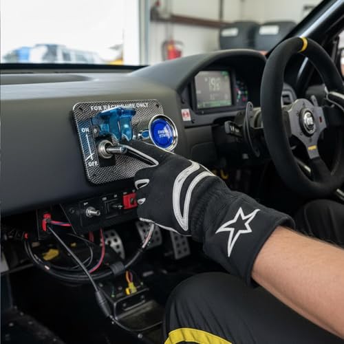 DC12V Racing Car Ignition Switch Panel Carbon Fiber Rocking Switch+Engine Start Push Button with Blue Indicator Light (Blue) - color: Blue