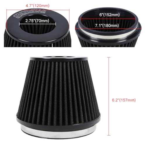 KYOSTAR Universal 6" (152mm) High-Flow Air Filter, Reusable Cone Cold Air Intake, High Performance, Washable, Clamp-On Car High Flow Air Kit, Flange Diameter: 6 Inch, Filter Height: 6.2 Inch, Black - color: 6" (152mm), Black