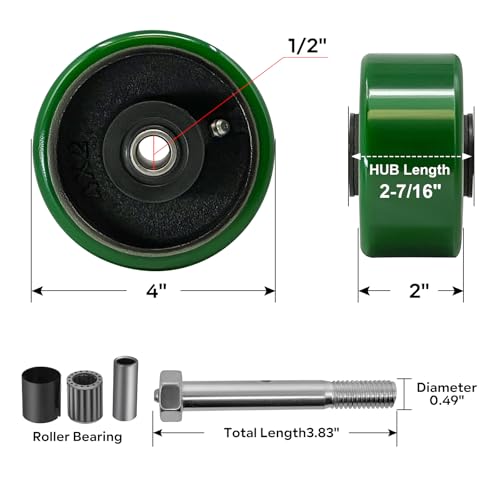 주철 휠에 10.2cm x 5.1cm(4인치 x 2인치) 폴리우레탄, 롤러 베어링-1/2 보어, 1,451.5kg(3300파운드) 용량의 튼튼한 캐스터 휠 4개 세트 (4팩) - color: 주철에 폴리, size: 4"×2"