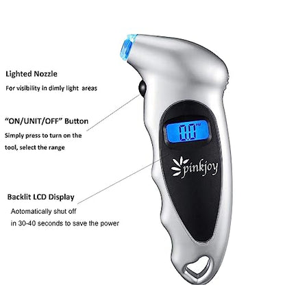 PINKJOY Digital Tire Pressure Gauge 2 Pack 150 PSI, 4 Settings, Tire Gauge for Car, Truck, Motorcycle, Bicycle with Backlit LCD and Non-Slip Grip (Silver) - color: Silver 2 Pack
