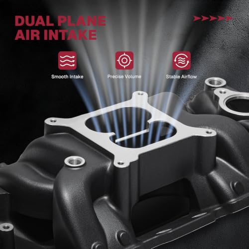 2026 7501 Intake Manifold Aluminum Performance Dual Plane Air-Gap Compatible with Chevy Small Block SBC 1955-86 262 265 267 283 302 305 307 327 350 400 V8 Engine, Black - size: 7501-Black