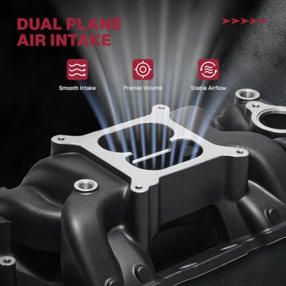 2026 7501 Intake Manifold Aluminum Performance Dual Plane Air-Gap Compatible with Chevy Small Block SBC 1955-86 262 265 267 283 302 305 307 327 350 400 V8 Engine, Black - size: 7501-Black