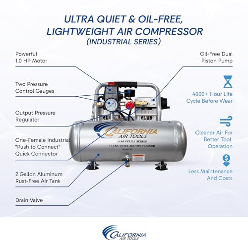 California Air Tools 2010ALFC 1.0 HP Ultra Quiet and Oil-Free Air Compressor, 2 Gallon Aluminum Tank, 60 dBA Noise Level, Industrial Series - style: Aluminum Tank w/Long Life Motor