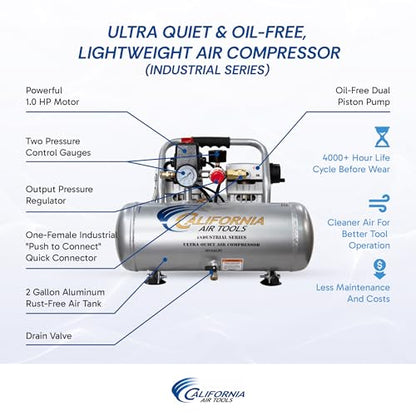 California Air Tools 2010ALFC 1.0 HP Ultra Quiet and Oil-Free Air Compressor, 2 Gallon Aluminum Tank, 60 dBA Noise Level, Industrial Series - style: Aluminum Tank w/Long Life Motor