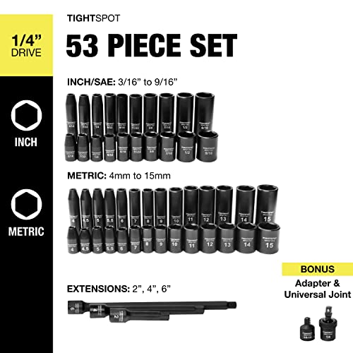 TIGHTSPOT 1/4" Drive 53pc Impact Socket PRO SET, our Most Popular Set Ever with SAE & Metric from 3/16 Inch - 9/16 Inch, 4mm-15mm, Standard/Deep Sockets, Extension Bars, Adapter & More - size: 1/4” Drive 53pc Impact Socket Set