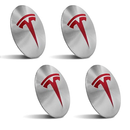 4 Pack Aluminum Waterproof Wheel Cover Center Emblem Sticker for Tesla Model 3 Model Y 56mm Hubcaps Wheel Rim Cover (Silver Background+Red Emblem) - color: Silver Background+Red Emblem