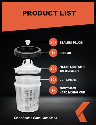 KREFINISH Disposable Paint Sprayer Mixing Cup Liners and Lid System for HVLP Spray Gun,Car Paint Gun 20 Ounce(600ml)Kit with 40 Cups Liners,40 Lids with Strainer,1 Hard Cup with Retainer Ring,20 Plugs - size: 20 Ounce Cup Kit