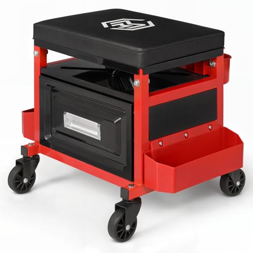 M-AUTO Mechanic Stool Garage Rolling Tool Chest Seat w/Drawer & Tray, 350LBS Capacity Multi-Function Adjustable Height Mechanic Creeper Seat for Projects Inside The Garage and Workshop, Red - size: 16"