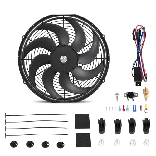 Universal 16-Inch Slim Electric Radiator Cooling Fan Kit – 12V 100W Push/Pull with Thermostat, Relay, Wiring Harness & Mounting Kit, Universal Fit – Black - size: 16 inch
