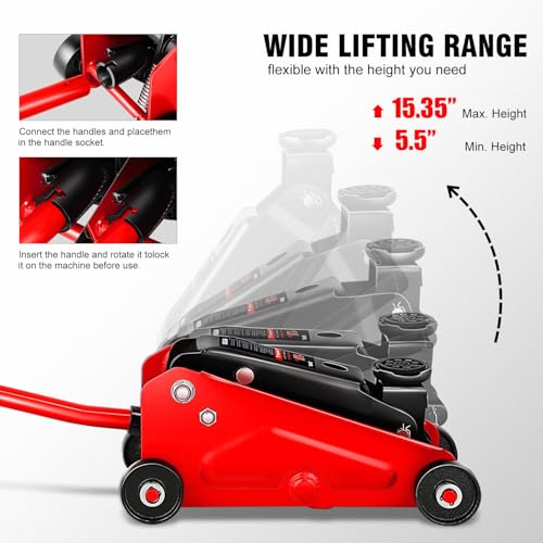 DNA Motoring Low Profile Hydraulic Trolley Service/Floor Jack, 1.5 Ton (3000 lbs) Capacity, Lifting Range 5.5"-15.35",Red, TOOLS-00675-RD - color: Red, style: 1.5 ton