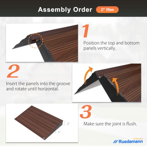 Ruedamann 2" Rise 2200 LBS Load Capacity Aluminum Modular Threshold Ramp - color: Dark Wood Look, size: 2'' Rise
