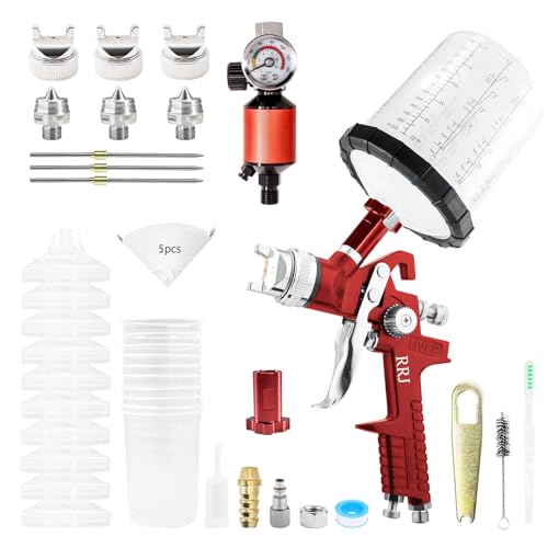 RRJ HVLP Spray Gun Gravity Feed Air Spray Gun Kit, Pro Car Paint Sprayer Gun with 1.4/1.7/2.0mm Nozzles, 2 in 1 Air Regulator, 600cc Scale Mixing Cup for Auto Paint, Primer, Touch-Up, Furniture (Red)