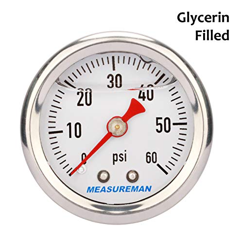 MEASUREMAN 1.5" Dial Size, 304 Stainless Steel case, Liquid Filled Fuel Pressure Gauge, 0-60Psi, 3-2-3%, 1/8" NPT Center Back Mount - size: 0-60 psi, style: Back Mount