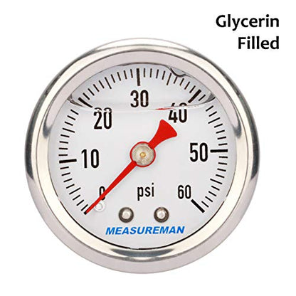 MEASUREMAN 1.5" Dial Size, 304 Stainless Steel case, Liquid Filled Fuel Pressure Gauge, 0-60Psi, 3-2-3%, 1/8" NPT Center Back Mount - size: 0-60 psi, style: Back Mount