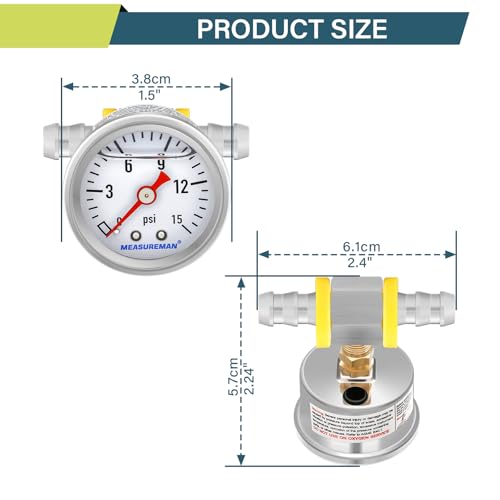 MEASUREMAN 0-15 Psi Glycerin Filled Fuel Pressure Gauge, 1.5” Dial, 304 Stainless Steel Case, 1/8” NPT Center Back Mount, with 3/8” Fuel Line Adapter, Copper Tube & Fittings, Red Aluminum Pointer - size: 0-15 psi, style: Back Mount (7 Pieces Kit)