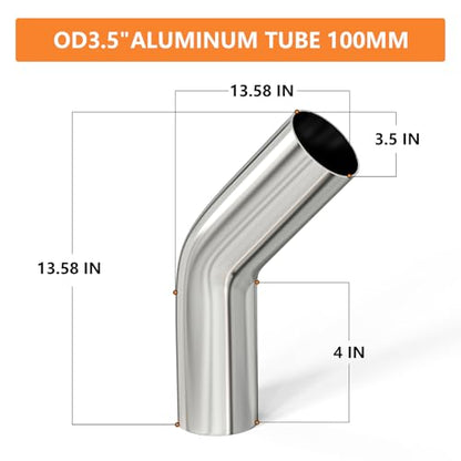 GASHER 1PCS 45 Degree Aluminum Alloy Tube Intercooler Pipe Air Intake Tube 3.5"OD, Leg Length 4" (100mm) - color: 45 degree, size: 3.5"OD (1 PC)