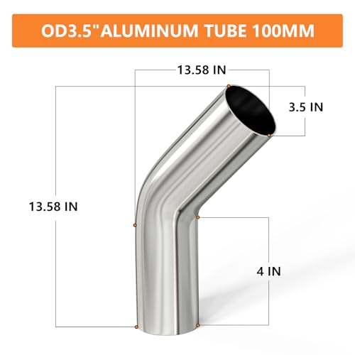 GASHER 1PCS 45 Degree Aluminum Alloy Tube Intercooler Pipe Air Intake Tube 3.5"OD, Leg Length 4" (100mm) - color: 45 degree, size: 3.5"OD (1 PC)