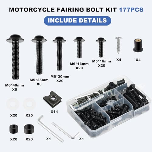 177Pcs Motorcycle Fairing Bolt Kit, Stainless Steel M5 M6 Black