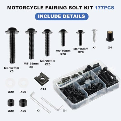 177Pcs Motorcycle Fairing Bolt Kit, Stainless Steel M5 M6 Black