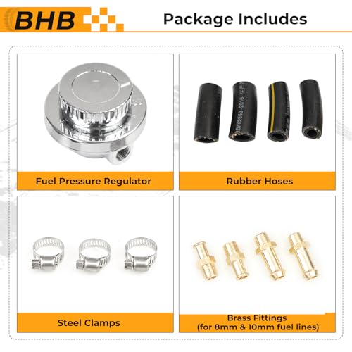 BHB Zinc alloy Universal adjustable Fuel Pressure Regulator 1-5 PSI kit for Single carburetor and dual carburetor FPR with rubber hoses steel clamps brass fittings for 8mm and 10mm fuel lines - size: 1-5 PSI kit