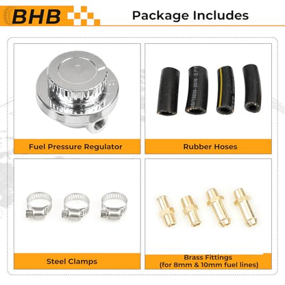 BHB Zinc alloy Universal adjustable Fuel Pressure Regulator 1-5 PSI kit for Single carburetor and dual carburetor FPR with rubber hoses steel clamps brass fittings for 8mm and 10mm fuel lines - size: 1-5 PSI kit