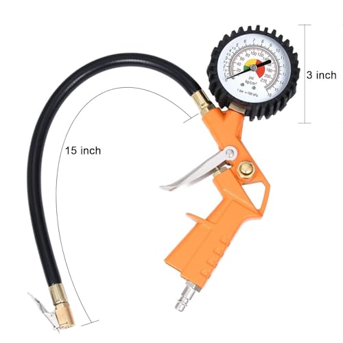 Professional Pneumatic Tire Inflator with Precision Pressure Gauge 3-in-1 Inflation, Pressure Measurement, and Deflation Function 0-220 PSI Suitable for Cars, Motorcycles, Bicycles, and RVs