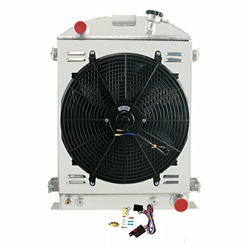 Radiator Compatible with 1930 1931 Ford Model A High Boy Chevy V8, 4 Row Full Aluminium Radiator + 16 Inch Fan + Shroud + Thermostat Relay Kit - size: 4Row Radiator Shroud Fan Relay Kit
