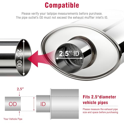Upower 2.5 inch Ultra Quiet Resonator, 304 Stainless Steel Exhaust Muffler 2.5", 2.5'' Inlet & Outlet 14" Overall Length Universal Oval Performance Muffler Resonator - size: 2.5 Inch