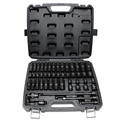 TIGHTSPOT 3/8" Drive 50pc Impact Socket PRO SET, our Most Popular Set Ever with SAE & Metric from 5/16 Inch - 3/4 Inch, 8mm-19mm + 21mm + 22mm, Standard/Deep Sockets, Extension Bars, Adapters & More - size: 3/8“ Drive 50pc Impact Socket Set