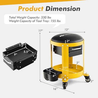 Goplus Rolling Mechanic Stool, Shop Stool Creeper Seat with Removable Padded Seat, 2 Drawers, Tool Tray, Twin Can Holder, Universal Wheels, Round Garage Workshop Chair, 330 Lbs Max Capacity (Yellow) - color: Yellow