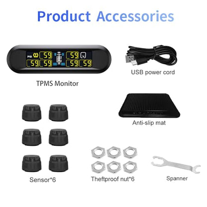 Solar TPMS RV Tire Pressure Monitoring System with 6 Sensors