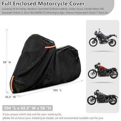 Full Enclosed Motorcycle Cover Waterproof,Heavy Duty 600D Oxford Outdoor Indoor Motorcycle Full Cover with All-Round Enclosed Zipper and Reflective Strips,Fits Most Heavy Duty Scooter Moped Motorcycle - size: 104"W x 43"D x 59"H