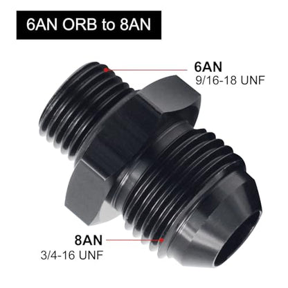8AN Male Flare to AN6 ORB O-Ring Straight Boss Fuel Pump Rail Fitting Adapter Aluminum Black 2PCS - size: 6AN ORB to 8AN