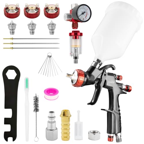A610 LVLP Paint Spray Gun Kit with 1.3/1.7/2.0mm Nozzle & Water Pressure Regulator, Automotive Paint Gun Sprayer, Air Paint Gun for Cars & House, Furniture, Fence, Primer and Top Coat - color: Black 6