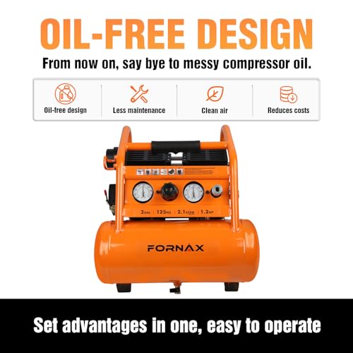 FORNAX Air Compressor Portable 2 Gallon, 1.2 HP 2.1 SCFM@ 90 PSI Oil Free, Max Pressure 135 PSI, 65 dB Silent Air Compressor for Auto Repair, Tire Inflation, Airbrushing, Nailing
