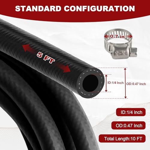 Eunice 1/4 Inch（6mm) ID Fuel Line Hose, 5 FT NBR Rubber Hose 6Pcs Clamps - size: 1/4" ID 5FT + 6 Clamps