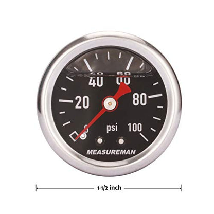 MEASUREMAN 1.5" Black Dial, 304 Stainless Steel case, Liquid Filled Fuel Pressure Gauge, 0-100Psi, -3-2-3%, 1/8" NPT Center Back Mount - size: 0-100 psi, style: Back Mount (Black Dial)