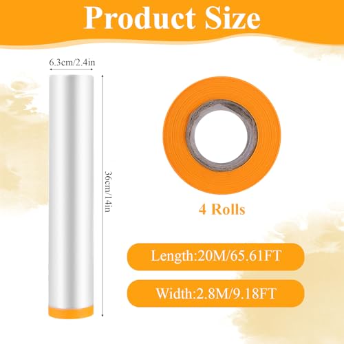 4 Rolls Pre-Taped Masking Film for Painting, 8.8 x 65 Feet Painters Plastic with Tape, Automotive Best Tape and Drape, Plastic Painting Film for Covering Cars, Walls, Windows and Furniture Protection