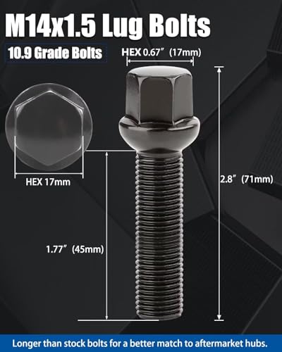 GAsupply M14x1.5 Lug Bolts 45mm Shank, 17mm Hex R13 Ball Seat, 20pcs - color: Black, size: 45mm Shank Ball Seat