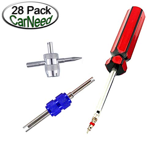 FEBRYTOLD 3 Pcs Tire Valve Core Remover Tools with 25 Pcs Brass Valve Stem Cores, 4-Way Valve Stem Core Tool, Dual & Single Head Tire Valve Core Remover Installer Tools - size: 28 pcs