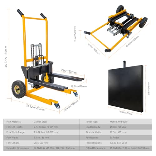 MMS Foldable Hydraulic Material Lift Winch Stacker, 450 Lbs 35.8" Max Lift w/ 9" Wheels 360° Swivel Casters, Pallet Truck Dolly, Fork Lift Table Cart, Pallet Jack, Removable Platform, Adjustable Forks