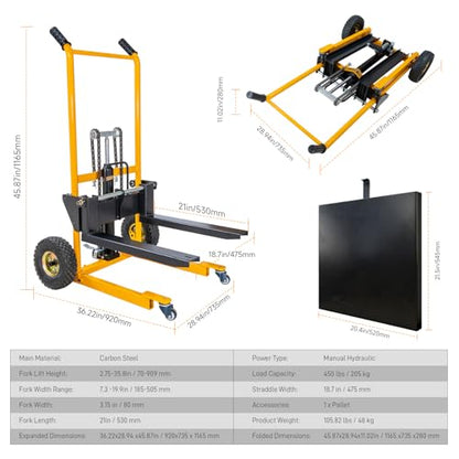 MMS Foldable Hydraulic Material Lift Winch Stacker, 450 Lbs 35.8" Max Lift w/ 9" Wheels 360° Swivel Casters, Pallet Truck Dolly, Fork Lift Table Cart, Pallet Jack, Removable Platform, Adjustable Forks